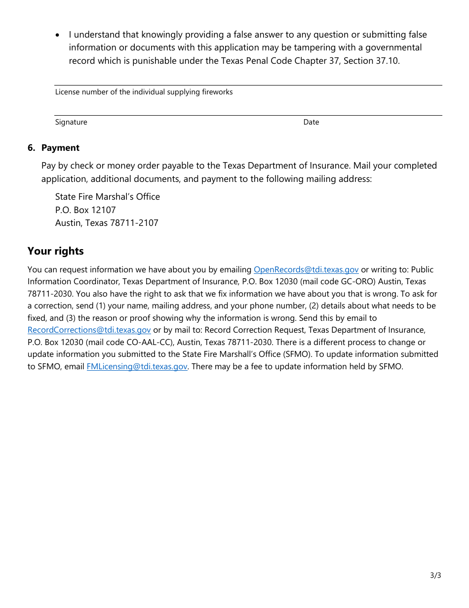 Form SF047 Application for Retail Fireworks Permit - Texas, Page 3