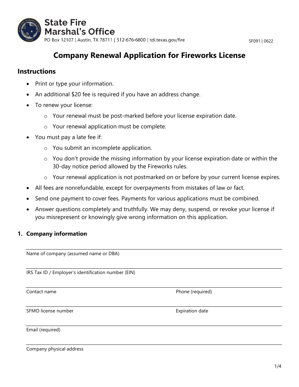 Form SF091 Download Fillable PDF or Fill Online Company Renewal