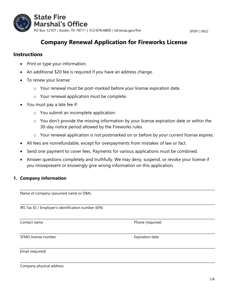 Form SF091 Company Renewal Application for Fireworks License - Texas, Page 1