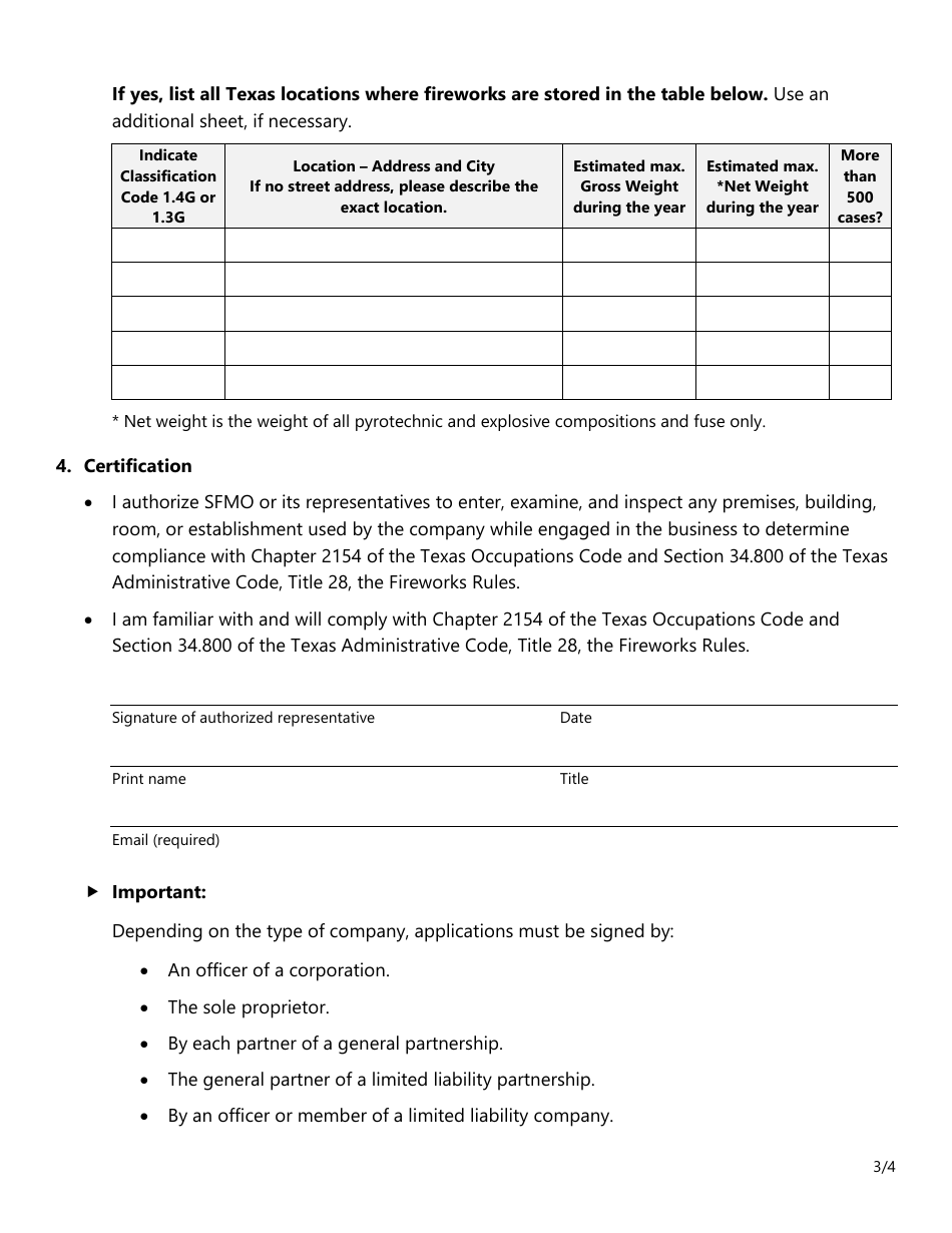 Form SF091 Company Renewal Application for Fireworks License - Texas, Page 3