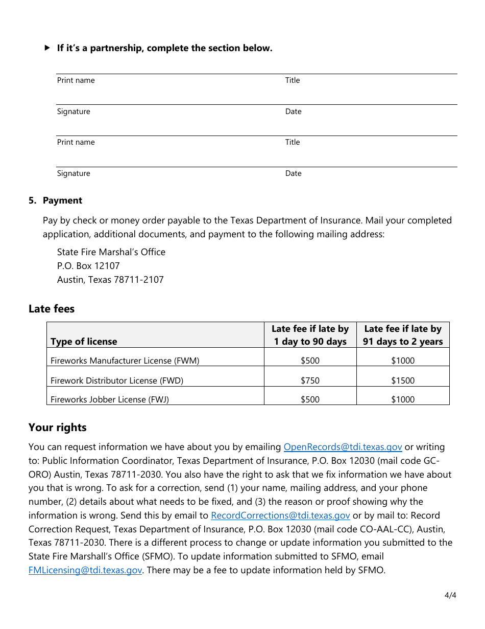Form SF091 Company Renewal Application for Fireworks License - Texas, Page 4