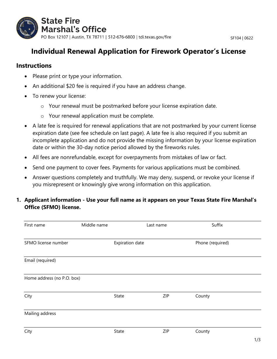 Form SF104 Individual Renewal Application for Firework Operators License - Texas, Page 1
