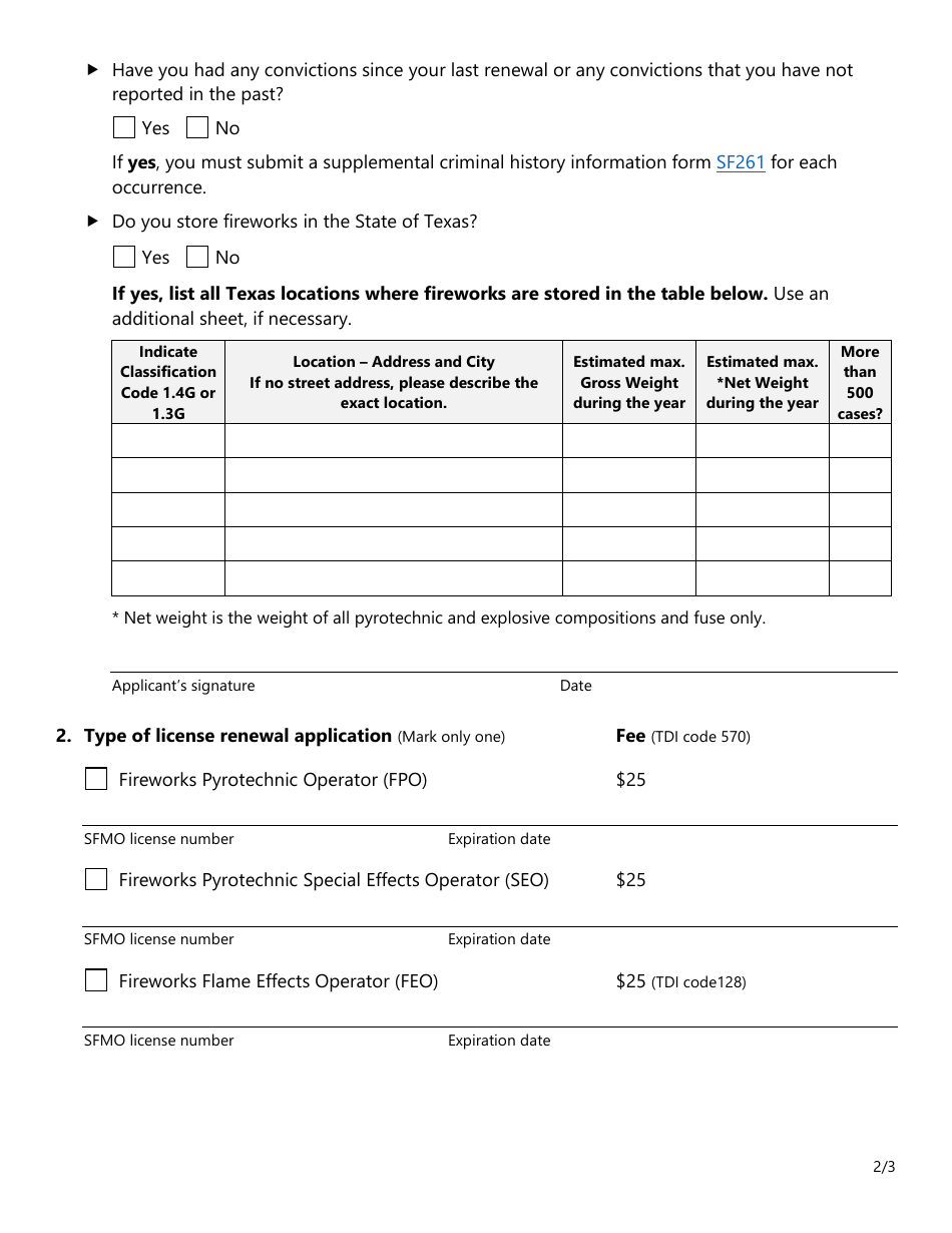 Form SF104 Individual Renewal Application for Firework Operators License - Texas, Page 2