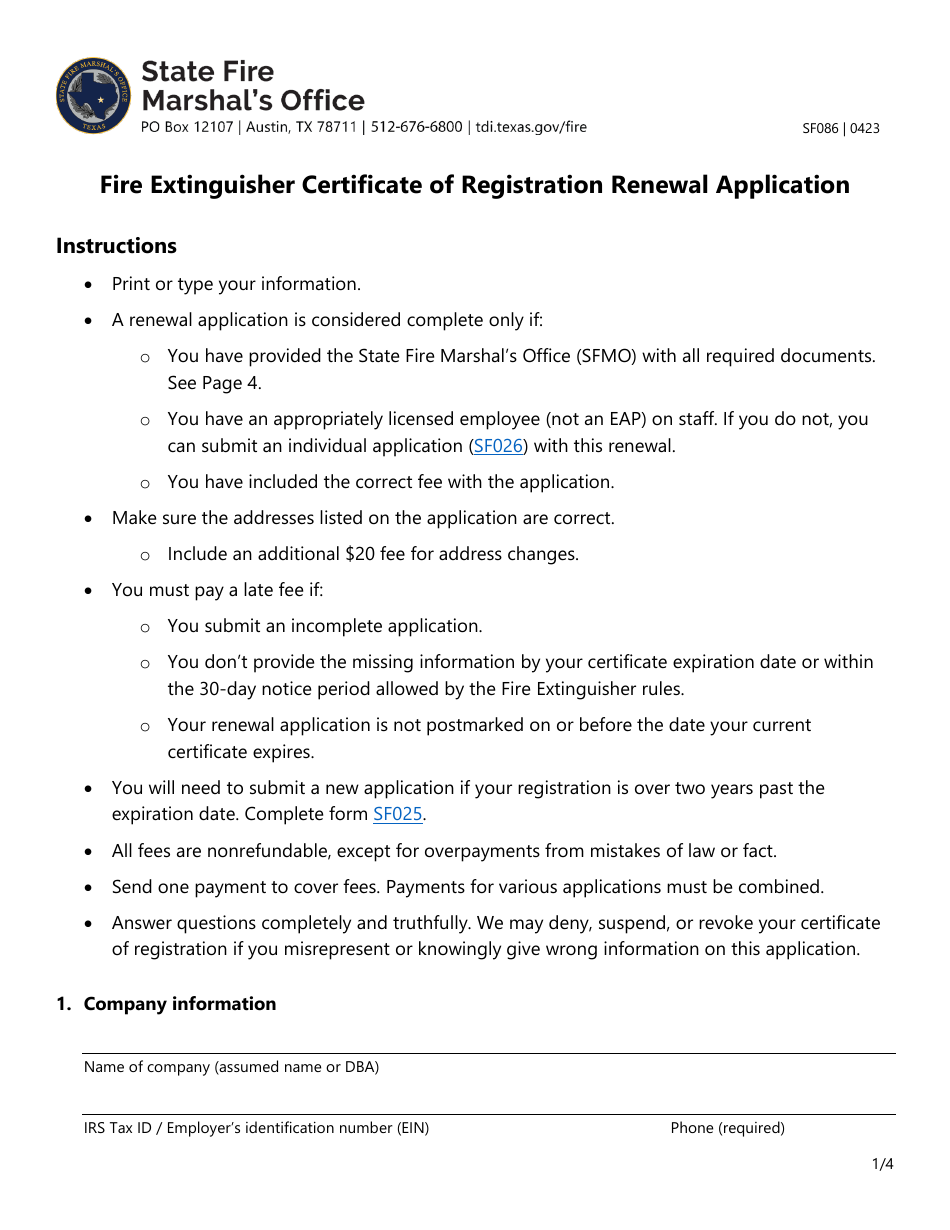 Form SF086 Fire Extinguisher Certificate of Registration Renewal Application - Texas, Page 1