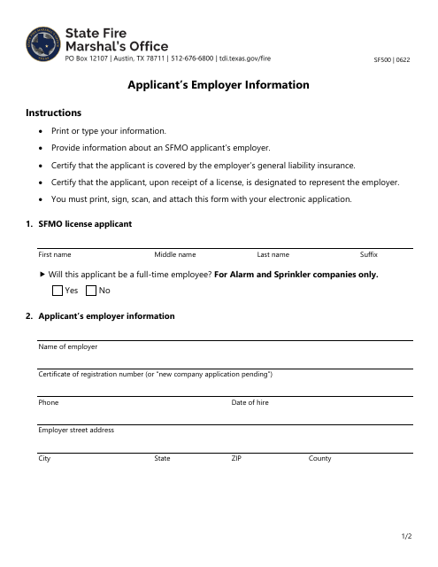 Form SF500 Applicant's Employer Information - Texas