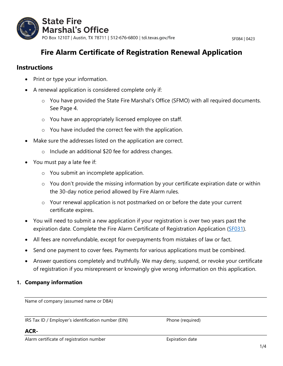 Form SF084 Fire Alarm Certificate of Registration Renewal Application - Texas, Page 1