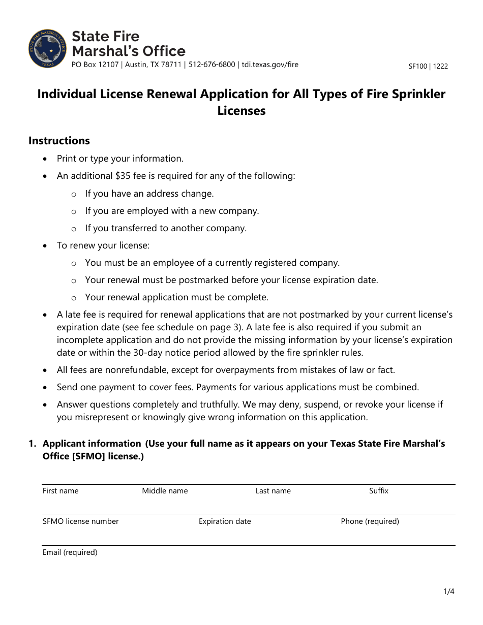 Form SF100 Individual License Renewal Application for All Types of Fire Sprinkler Licenses - Texas, Page 1