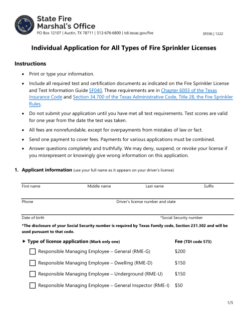 Form SF036 Individual Application for All Types of Fire Sprinkler Licenses - Texas