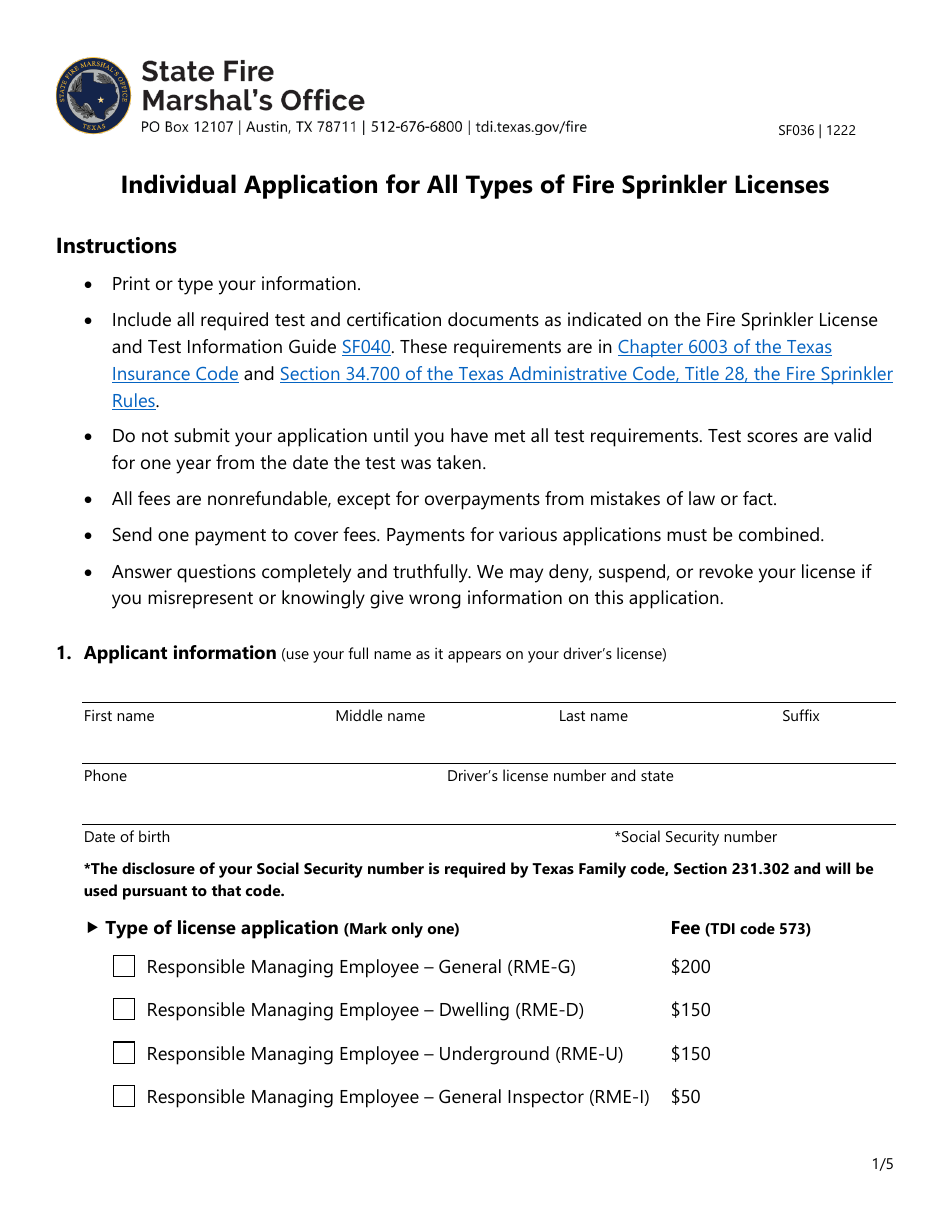 Form SF036 Individual Application for All Types of Fire Sprinkler Licenses - Texas, Page 1
