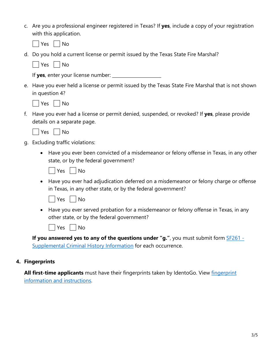 Form SF036 Individual Application for All Types of Fire Sprinkler Licenses - Texas, Page 3