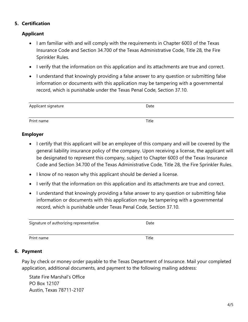 Form SF036 Individual Application for All Types of Fire Sprinkler Licenses - Texas, Page 4