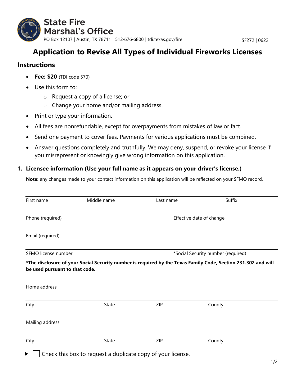 Form SF272 Application to Revise All Types of Individual Fireworks Licenses - Texas, Page 1