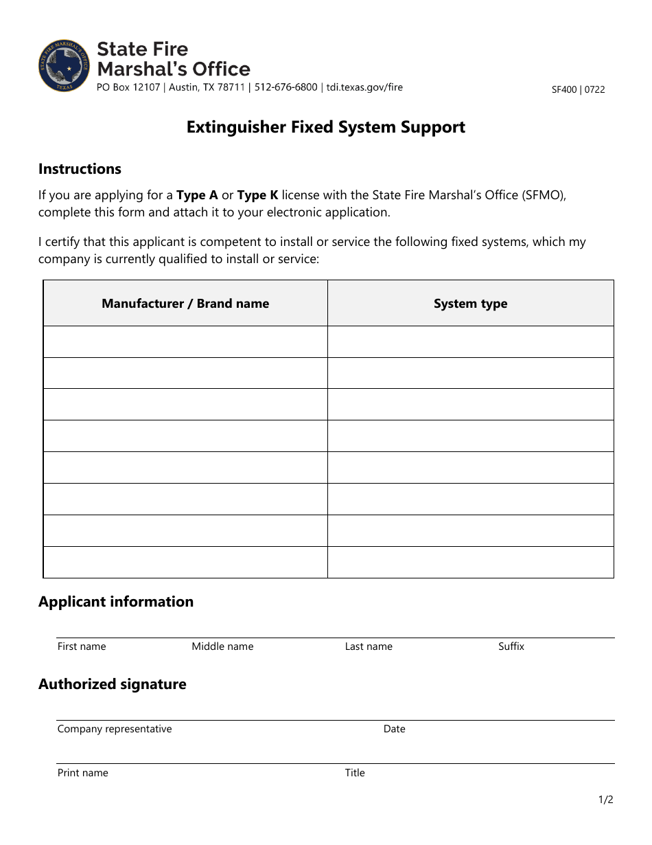 Form SF400 Extinguisher Fixed System Support - Texas, Page 1