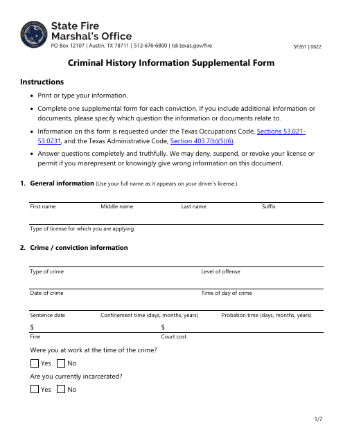 Form SF261 Criminal History Information Supplemental Form - Texas