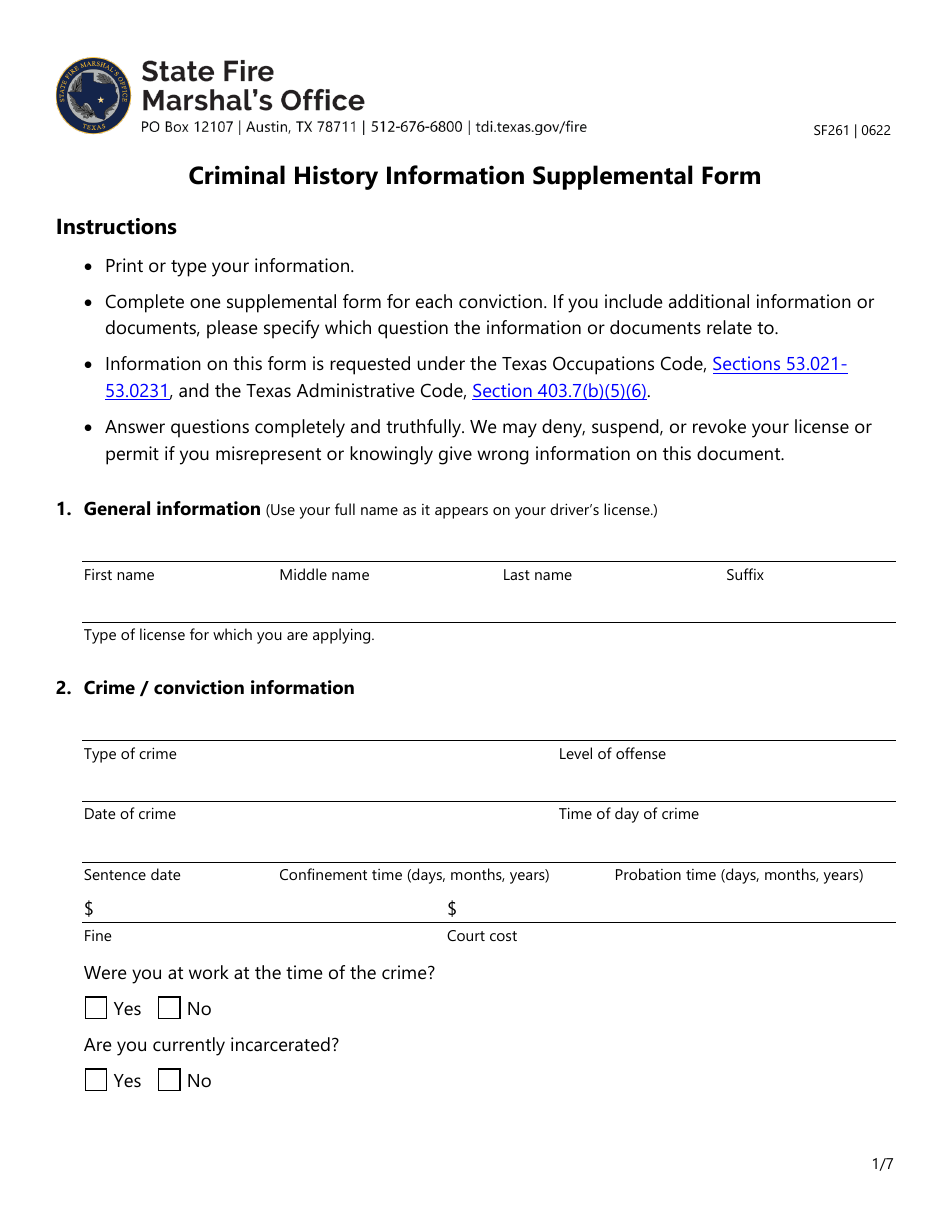 Form SF261 Criminal History Information Supplemental Form - Texas, Page 1