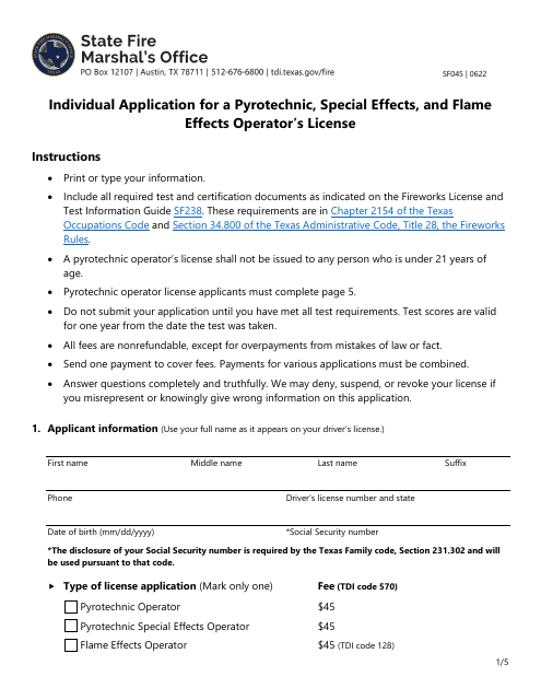 Form SF045 Individual Application for a Pyrotechnic, Special Effects, and Flame Effects Operator's License - Texas