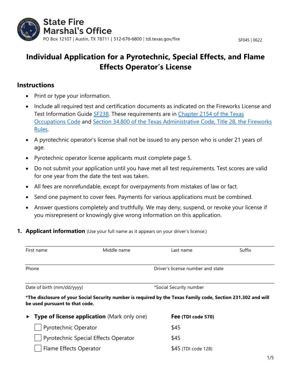 Form SF045 Individual Application for a Pyrotechnic, Special Effects, and Flame Effects Operators License - Texas, Page 1