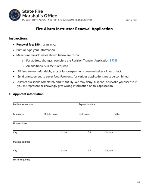 Form SF255 Fire Alarm Instructor Renewal Application - Texas