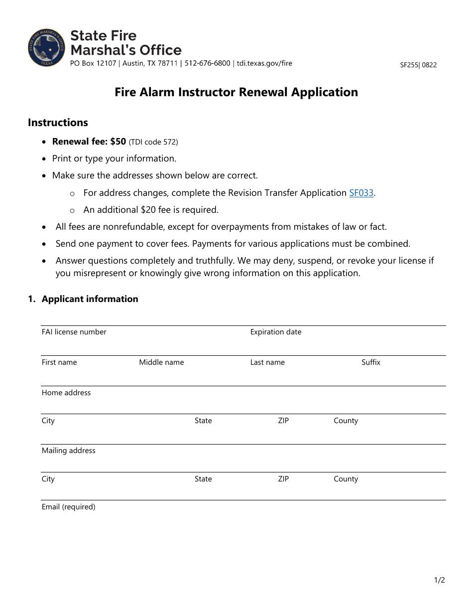 Form SF255 Fire Alarm Instructor Renewal Application - Texas, Page 1