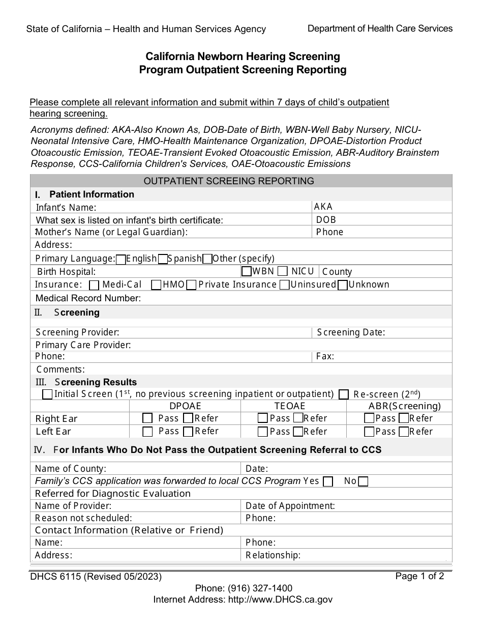Form DHCS6115 (NHSP200-1) Region C / D Outpatient Screening Reporting - California Newborn Hearing Screening Program - California, Page 1