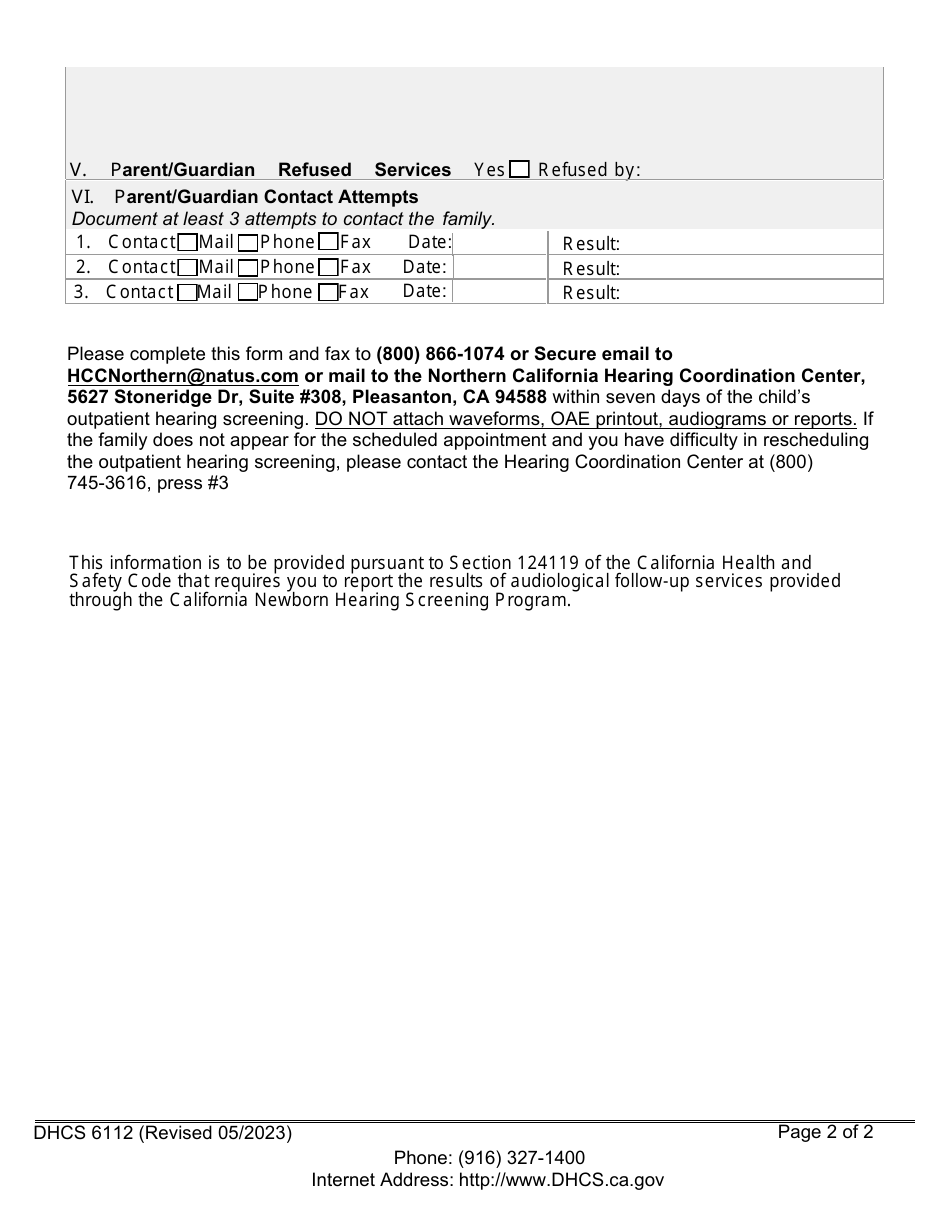 Form DHCS6112 (NHSP200-1) Region A / B Outpatient Screening Reporting - California Newborn Hearing Screening Program - California, Page 2