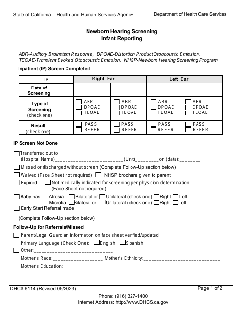 Form DHCS6114 Newborn Hearing Screening Infant Reporting - California