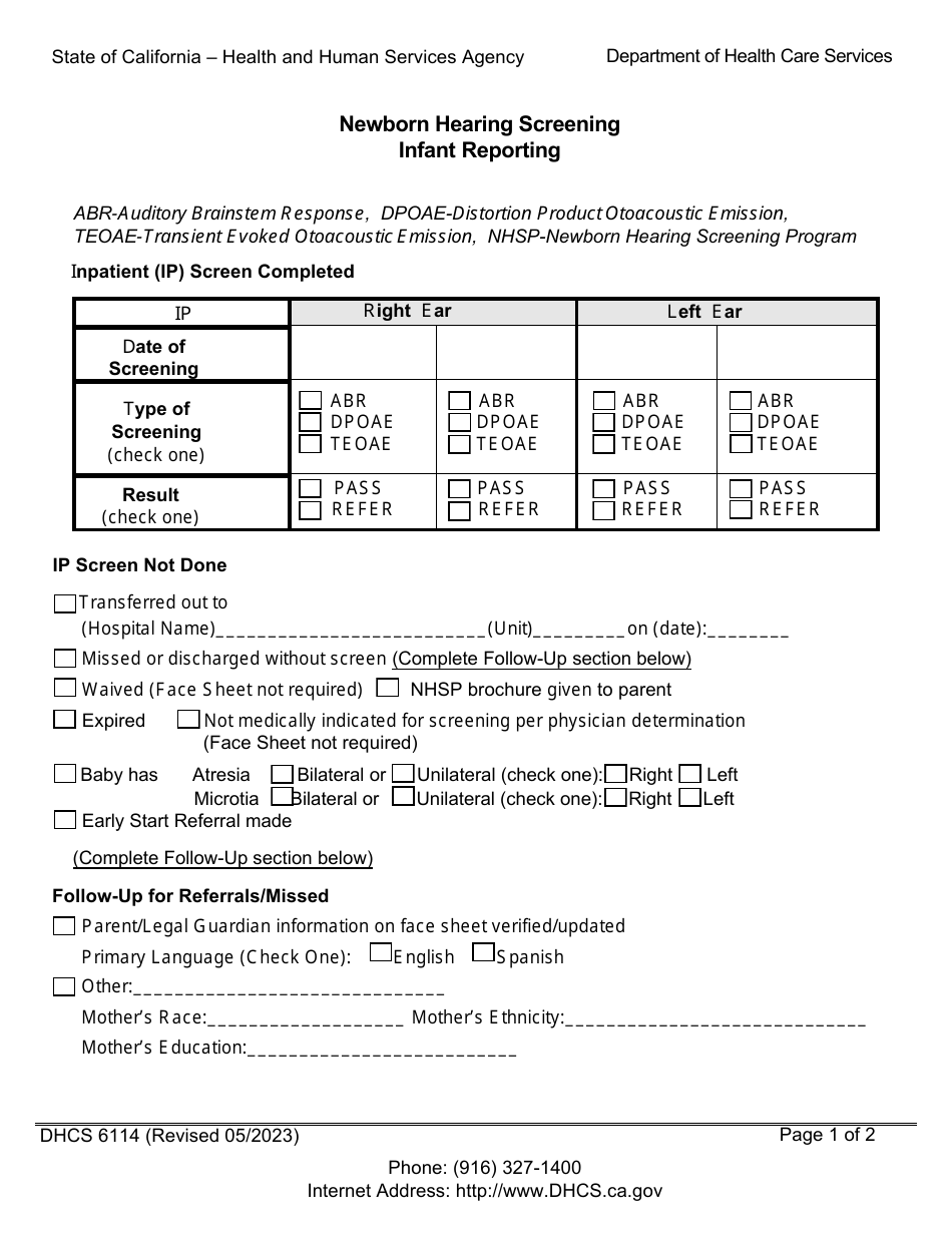 Form DHCS6114 Newborn Hearing Screening Infant Reporting - California, Page 1