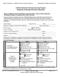 Form DHCS6116 (NHSP300-1) Region C/D Diagnostic Audiologic Evaluation Reporting - California Newborn Hearing Screening Program - California