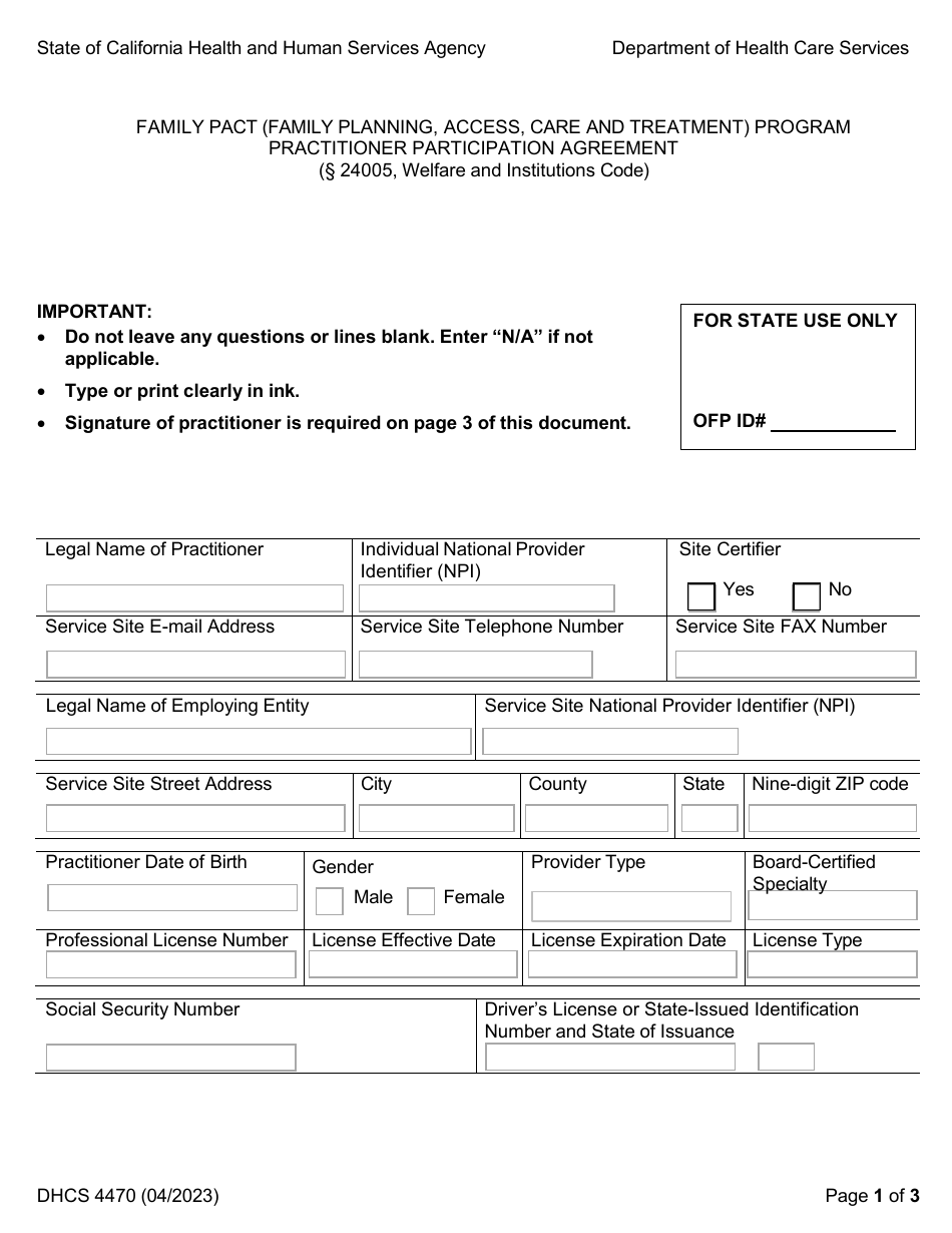 Form DHCS4470 Practitioner Participation Agreement - Family Pact (Family Planning, Access, Care and Treatment) Program - California, Page 1