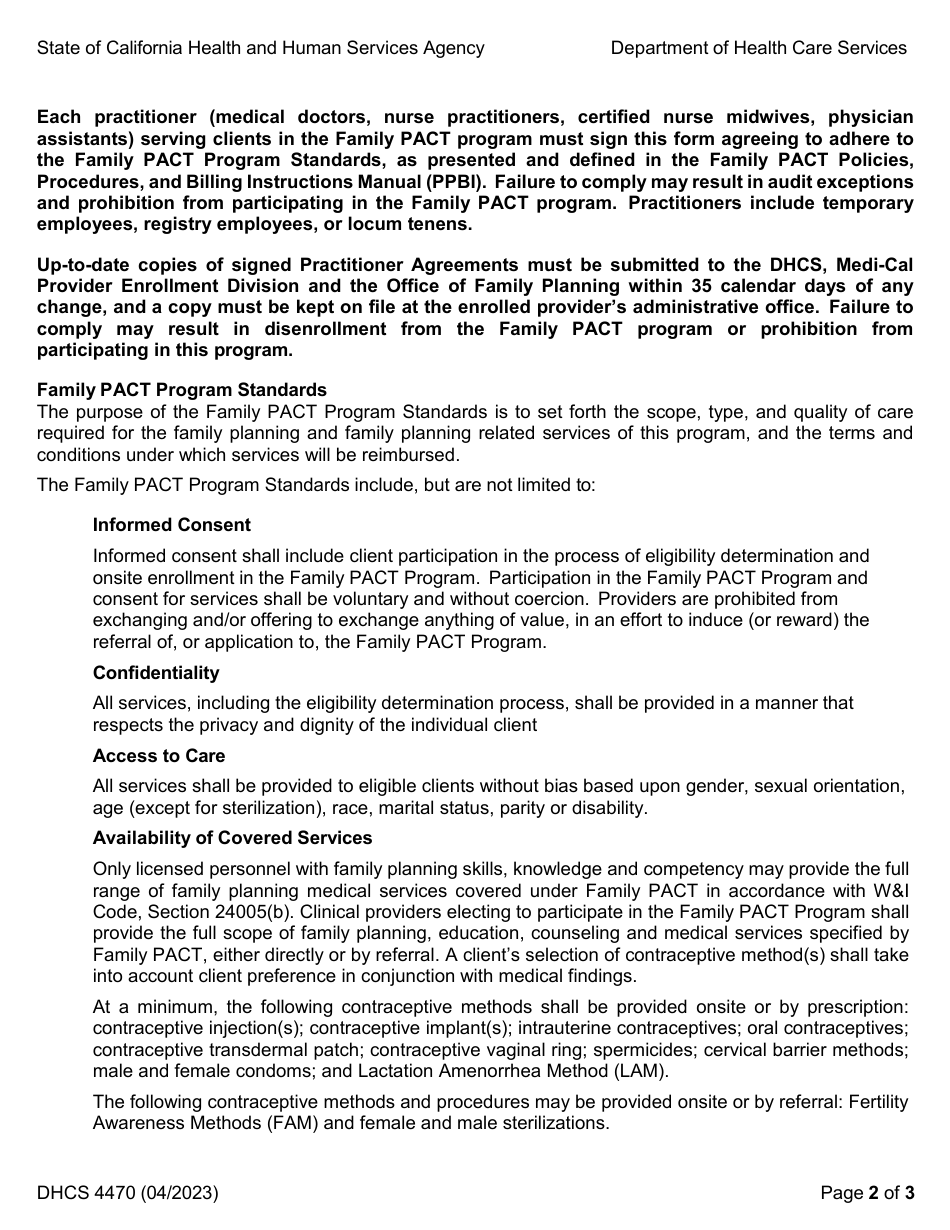 Form DHCS4470 Practitioner Participation Agreement - Family Pact (Family Planning, Access, Care and Treatment) Program - California, Page 2