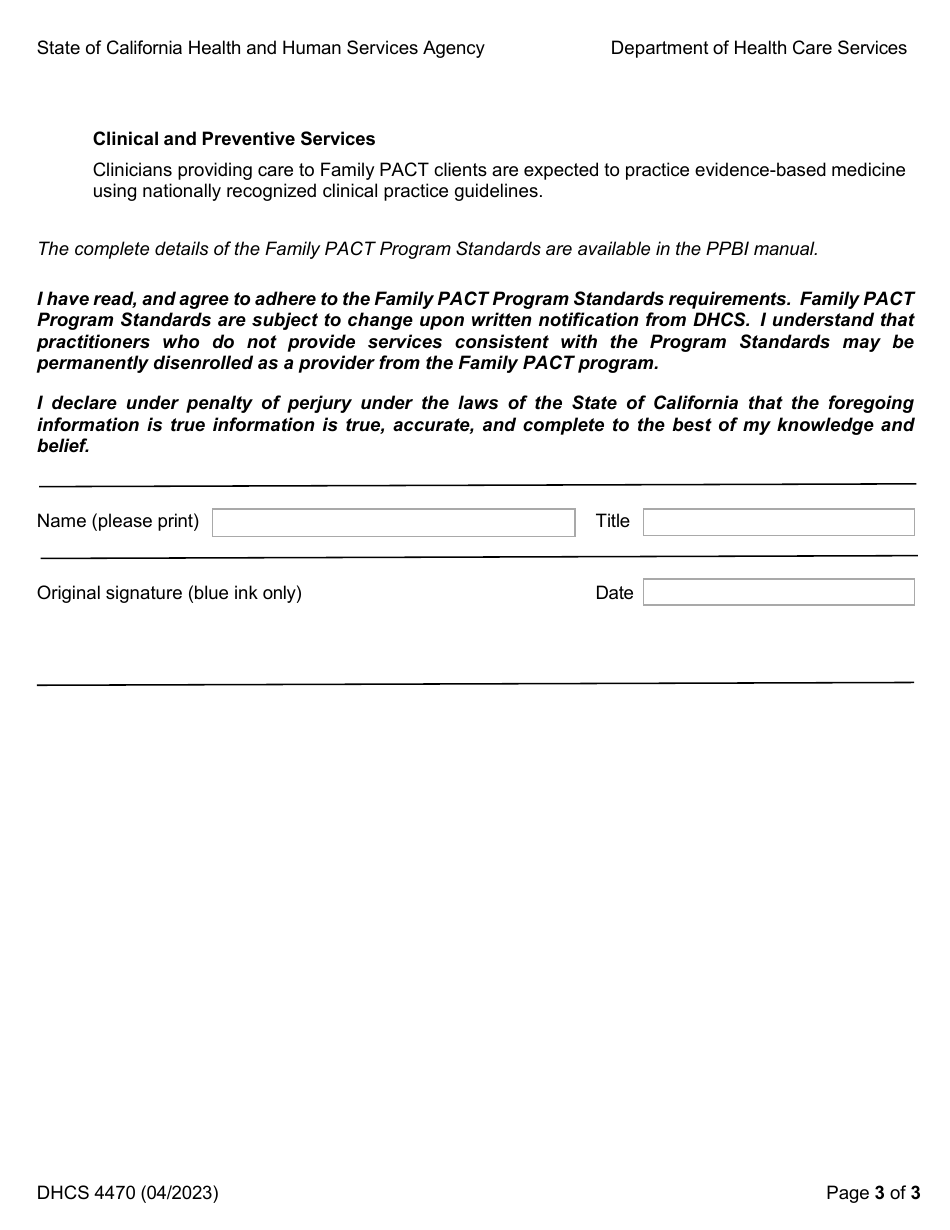 Form DHCS4470 Practitioner Participation Agreement - Family Pact (Family Planning, Access, Care and Treatment) Program - California, Page 3