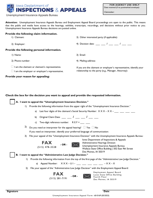 Form 60-0169 Unemployment Insurance Appeal Form - Iowa