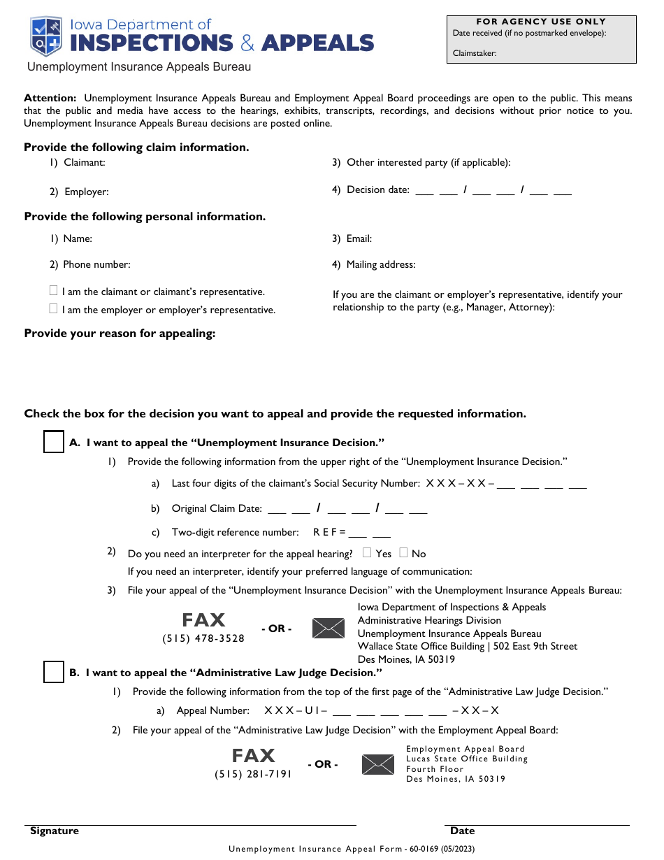 Form 60-0169 Unemployment Insurance Appeal Form - Iowa, Page 1