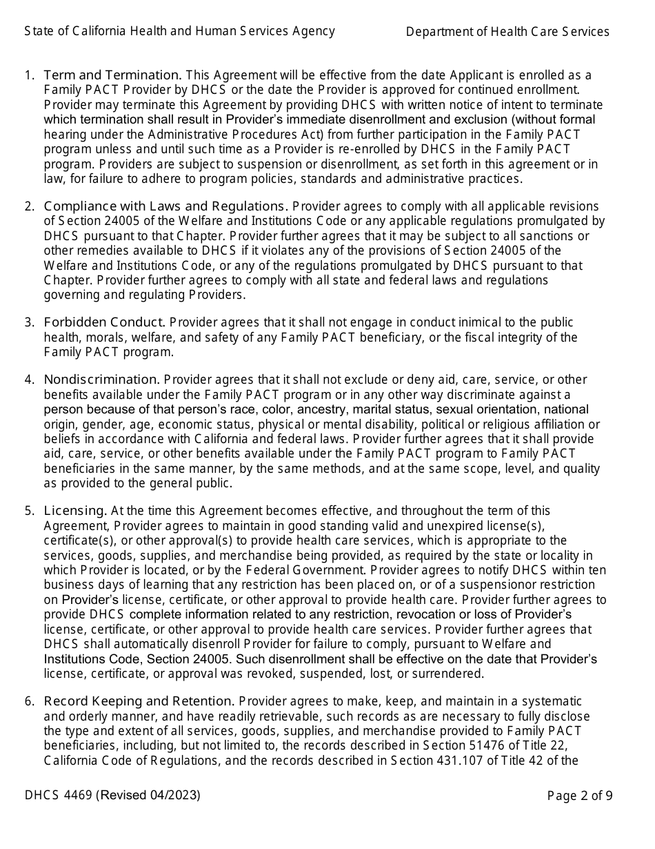 Form DHCS4469 Provider Agreement - Family Pact (Planning, Access, Care, and Treatment) Program - California, Page 2