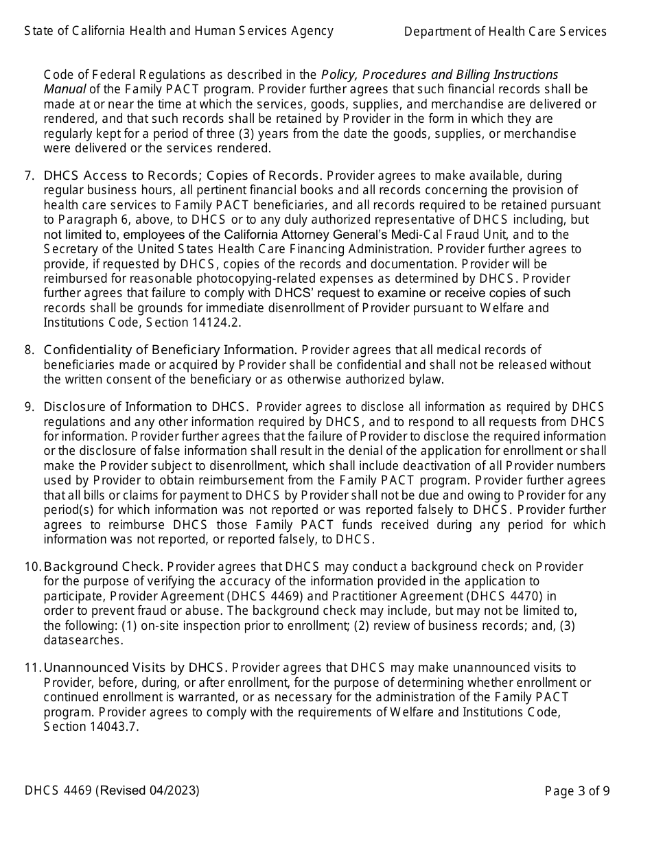 Form DHCS4469 Provider Agreement - Family Pact (Planning, Access, Care, and Treatment) Program - California, Page 3