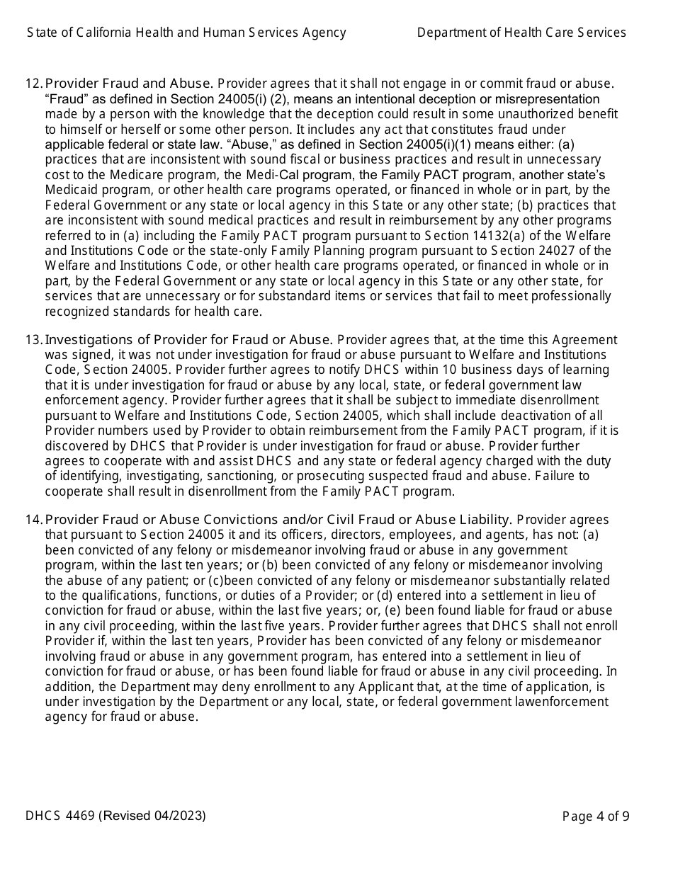 Form DHCS4469 Provider Agreement - Family Pact (Planning, Access, Care, and Treatment) Program - California, Page 4