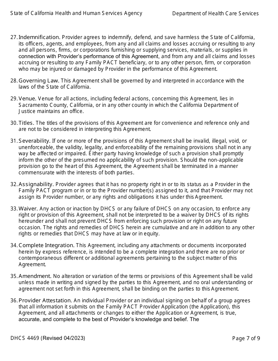Form DHCS4469 Provider Agreement - Family Pact (Planning, Access, Care, and Treatment) Program - California, Page 7