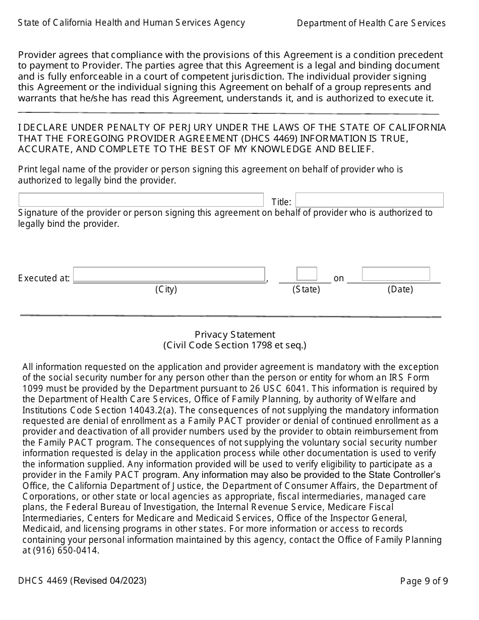Form DHCS4469 Provider Agreement - Family Pact (Planning, Access, Care, and Treatment) Program - California, Page 9