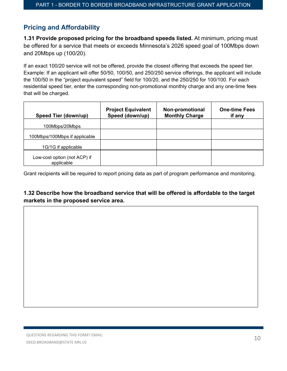 Part 1 Border to Border Broadband Infrastructure Grant Application - Key Application Data - Minnesota, Page 10