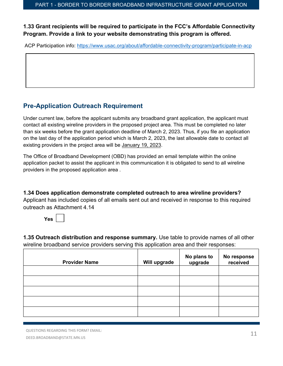 Part 1 Border to Border Broadband Infrastructure Grant Application - Key Application Data - Minnesota, Page 11