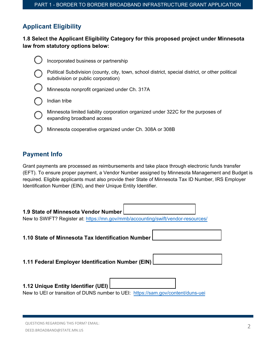 Part 1 Border to Border Broadband Infrastructure Grant Application - Key Application Data - Minnesota, Page 2