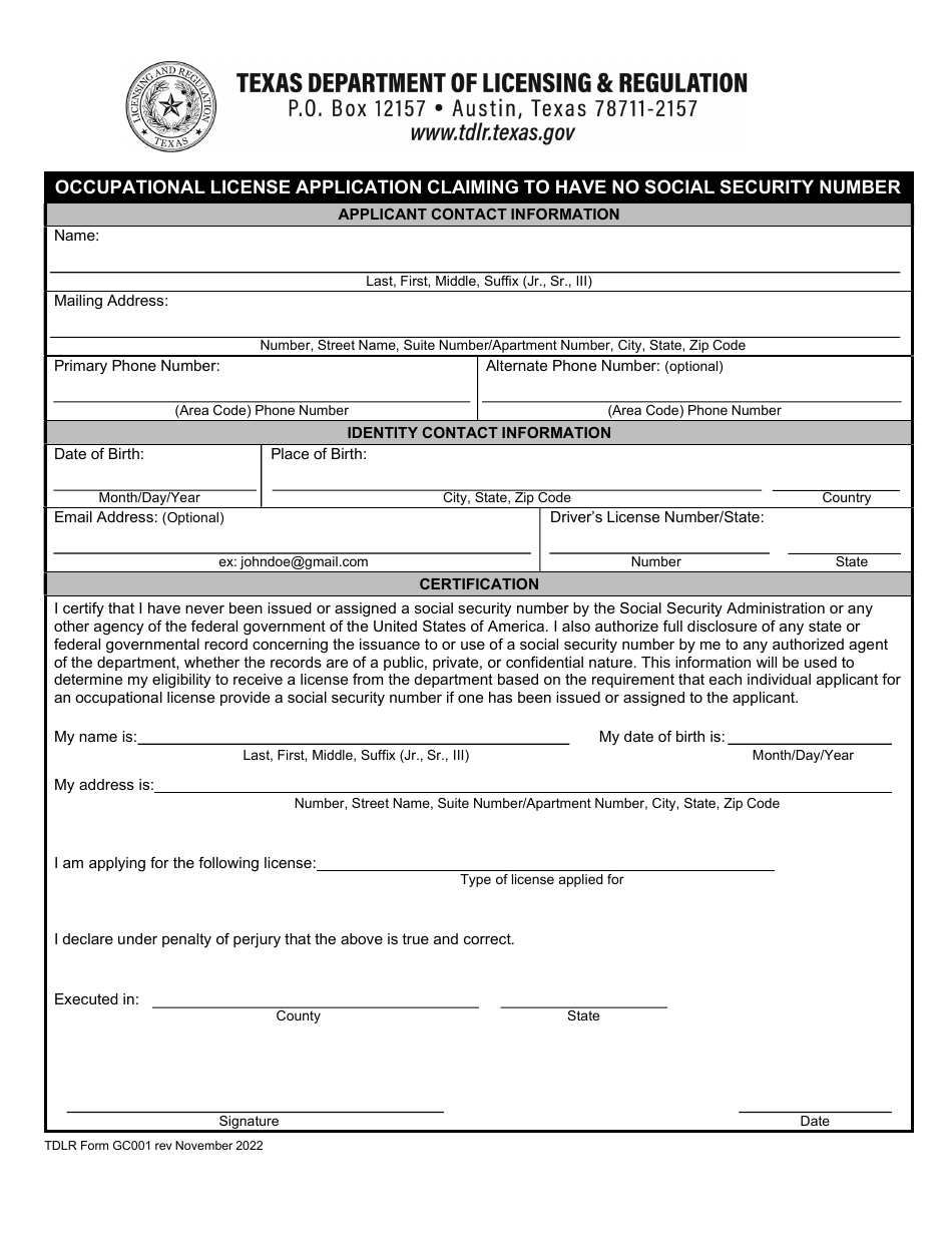 TDLR Form GC001 Occupational License Application Claiming to Have No Social Security Number - Texas, Page 1