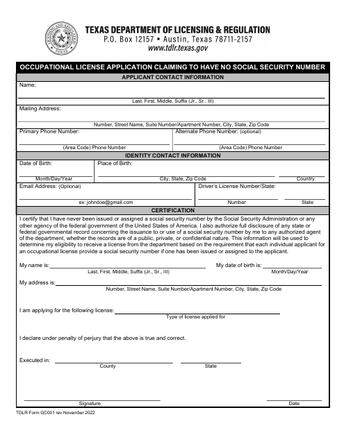 TDLR Form GC001 Occupational License Application Claiming to Have No Social Security Number - Texas