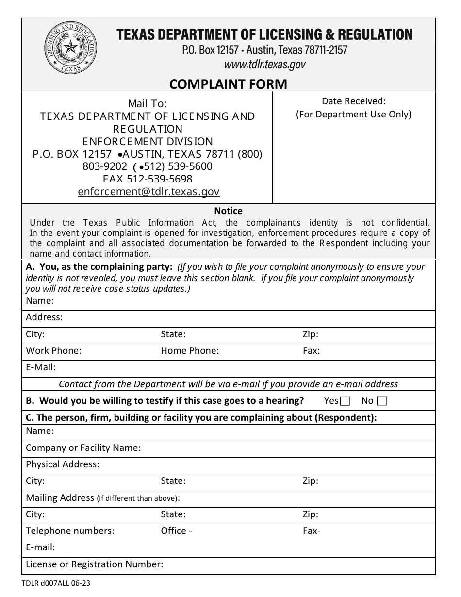 TDLR Form D.007ALL Complaint Form - Texas, Page 1