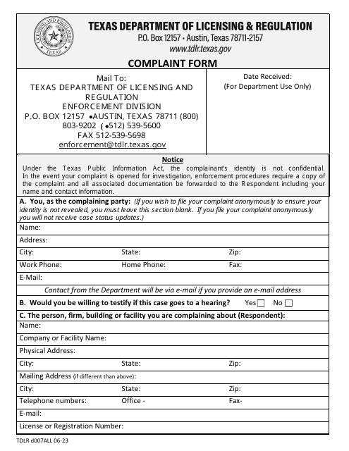 TDLR Form D.007ALL Complaint Form - Texas