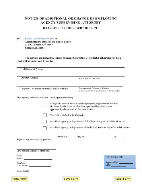 Notice of Additional or Change of Employing Agency / Supervising Attorney - Illinois Download Pdf