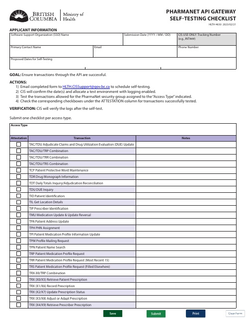 Form HLTH4630 Pharmanet Api Gateway Self-testing Checklist - British Columbia, Canada