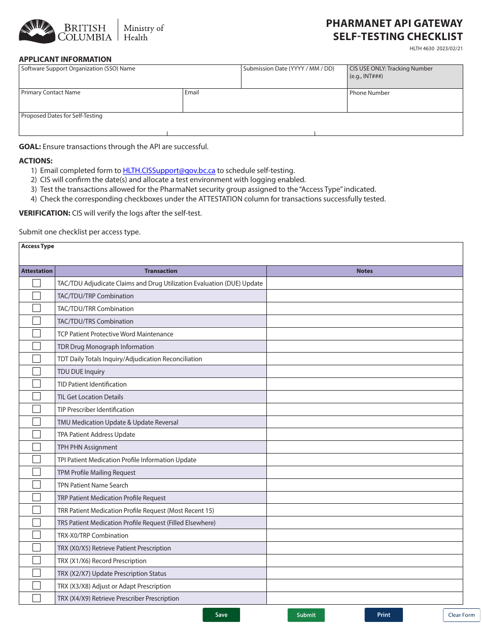 Form HLTH4630 Pharmanet Api Gateway Self-testing Checklist - British Columbia, Canada, Page 1