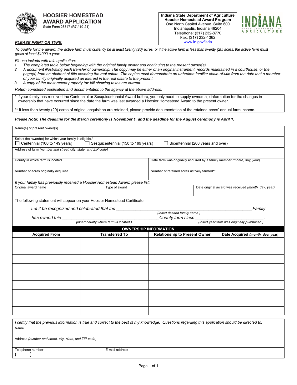 State Form 28547 Hoosier Homestead Award Application - Indiana, Page 1