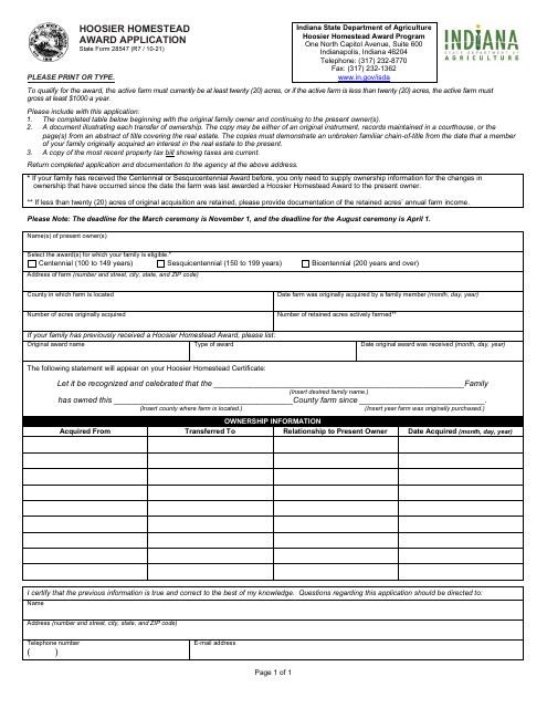 State Form 28547 Hoosier Homestead Award Application - Indiana